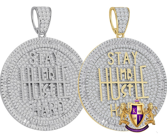 Real Genuine Sterling Silver Stay Humble Hustle Hard Grind Baguette Circle Custom Pendant Charm 2''