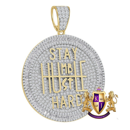 Real Genuine Sterling Silver Stay Humble Hustle Hard Grind Baguette Circle Custom Pendant Charm 2''