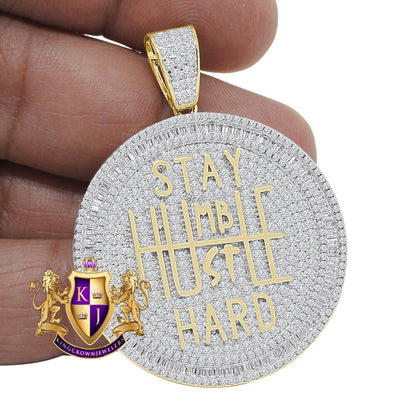 Real Genuine Sterling Silver Stay Humble Hustle Hard Grind Baguette Circle Custom Pendant Charm 2''