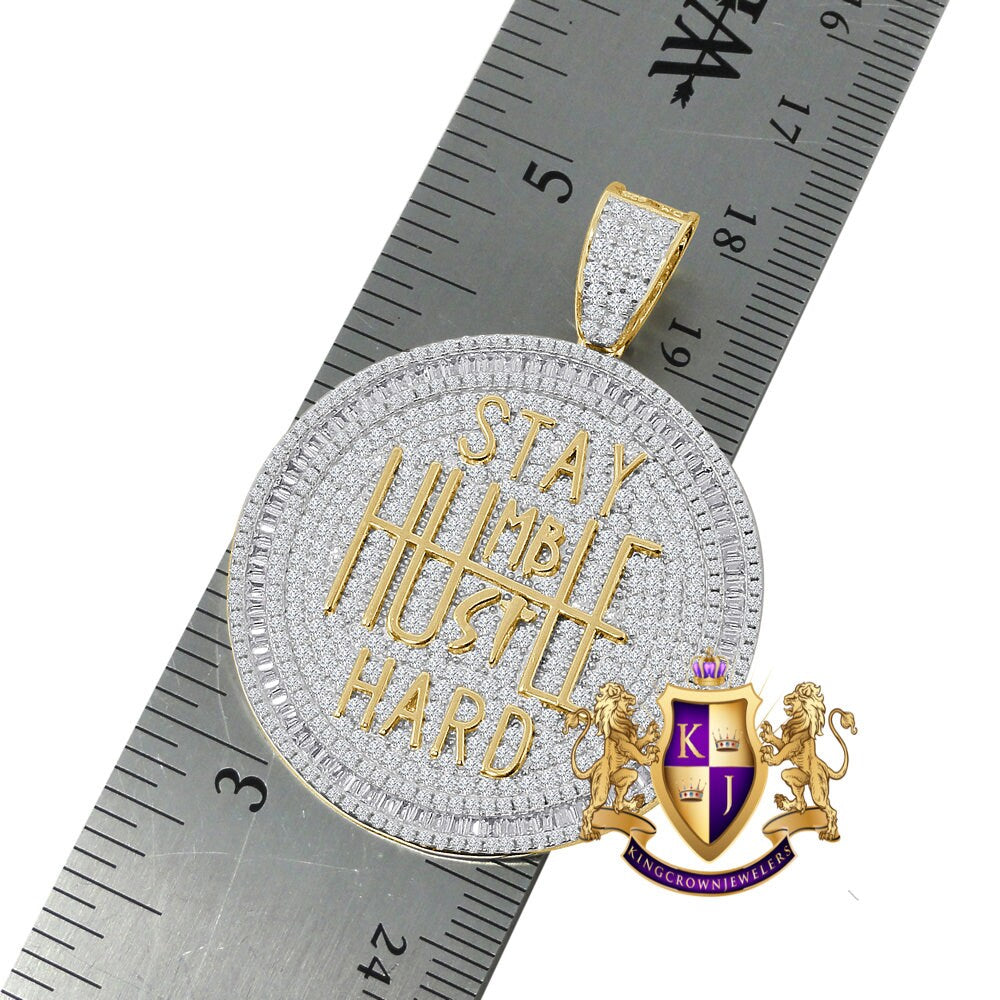Real Genuine Sterling Silver Stay Humble Hustle Hard Grind Baguette Circle Custom Pendant Charm 2''