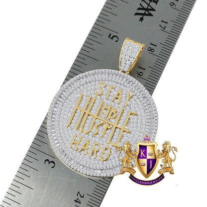 Real Genuine Sterling Silver Stay Humble Hustle Hard Grind Baguette Circle Custom Pendant Charm 2''