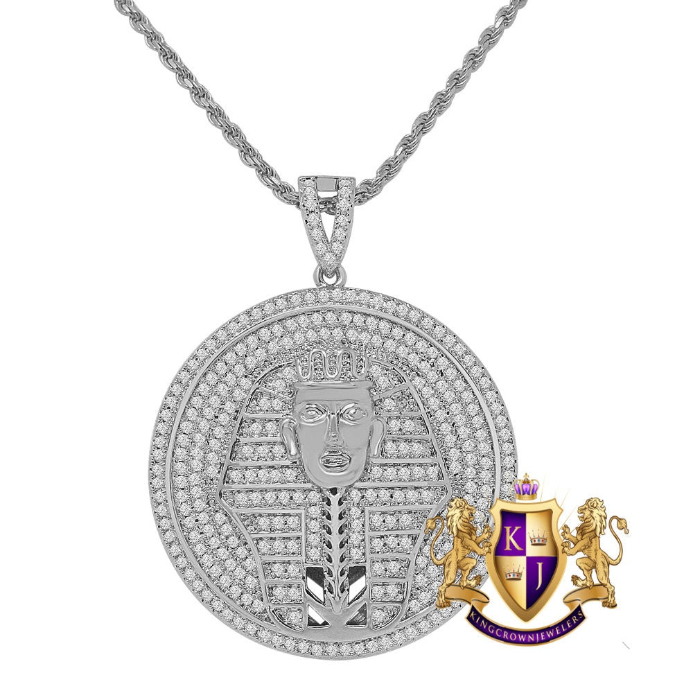 14K Gold Finish Simulated Diamond Egyptian King Pharaoh Round Charm Pendent Chain Set 1.75''