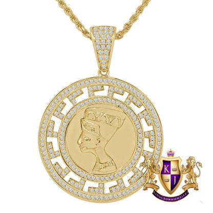 14K Gold Finish Simulated Diamond Egyptian Queen Nefertiti Pharaoh Round Charm Pendent Chain Set 1.75''