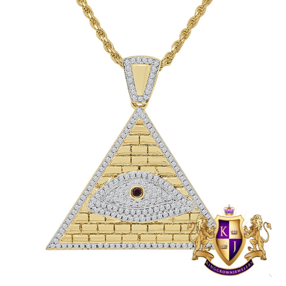 14K Gold Finish Simulated Diamond Egyptian All Seen Eye Pyramid Round Charm Pendent Chain Set 1.50''