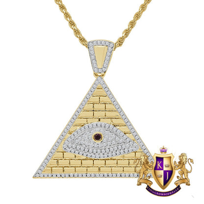 14K Gold Finish Simulated Diamond Egyptian All Seen Eye Pyramid Round Charm Pendent Chain Set 1.50''