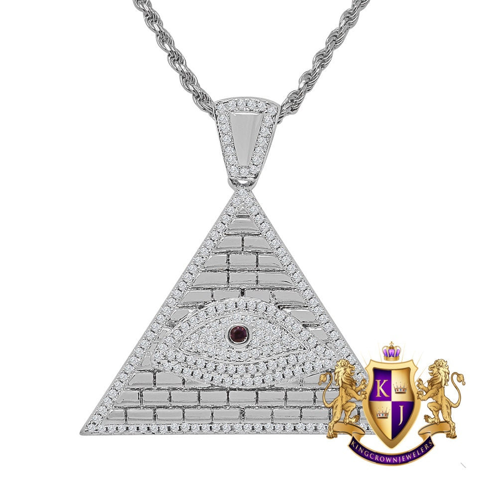 14K Gold Finish Simulated Diamond Egyptian All Seen Eye Pyramid Round Charm Pendent Chain Set 1.50''