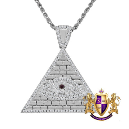 14K Gold Finish Simulated Diamond Egyptian All Seen Eye Pyramid Round Charm Pendent Chain Set 1.50''