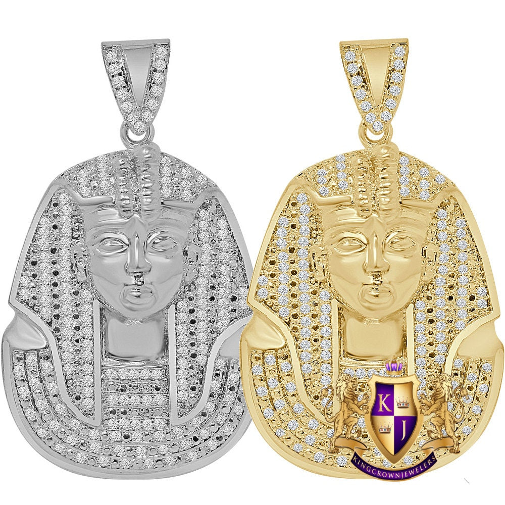 14K Gold Finish Simulated Diamond Egyptian King Pharaoh Charm Pendent 2.25''
