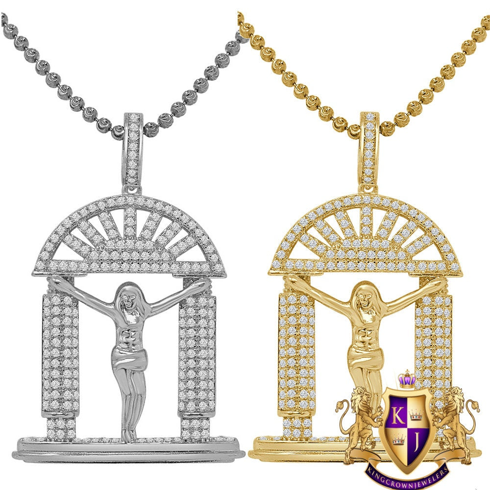 14K Gold Finish Men's Crucified Jesus Heavens Gate Simulated Diamond Pendant Charm Chain Set