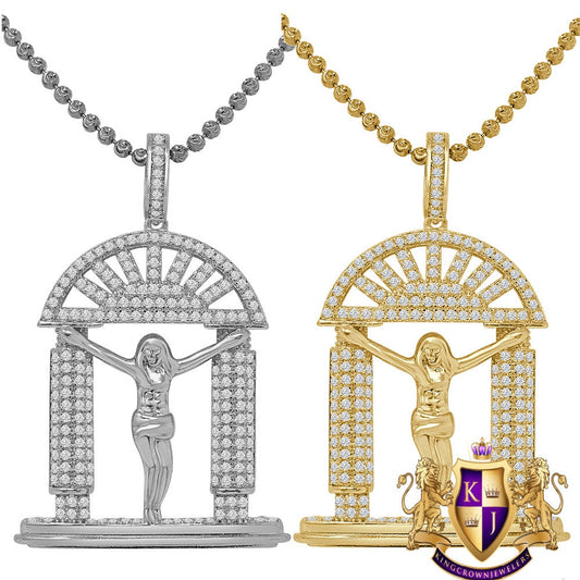 14K Gold Finish Men's Crucified Jesus Heavens Gate Simulated Diamond Pendant Charm Chain Set