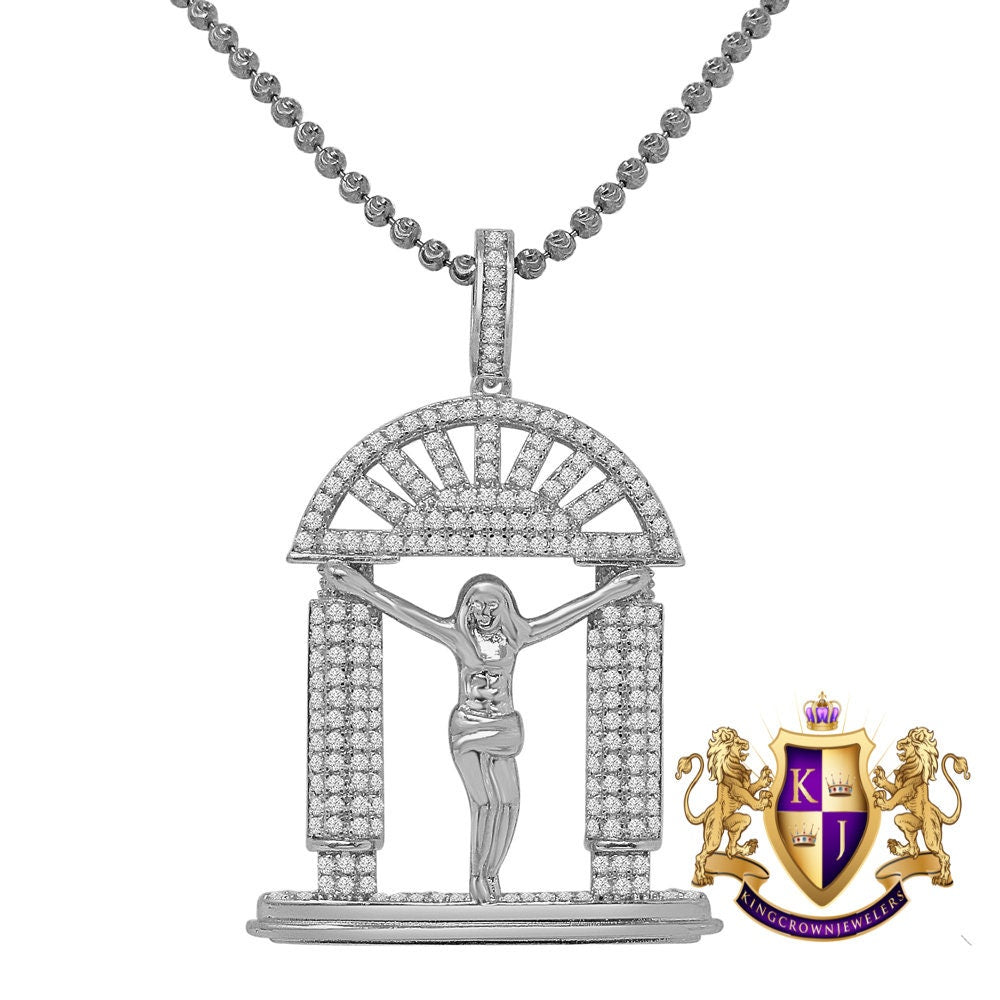 14K Gold Finish Men's Crucified Jesus Heavens Gate Simulated Diamond Pendant Charm Chain Set