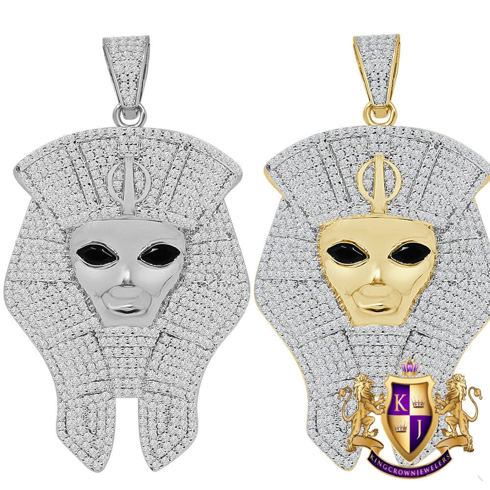 14K Gold Finish Simulated Diamond Egyptian King Pharaoh Custom Charm Pendent 2.50''