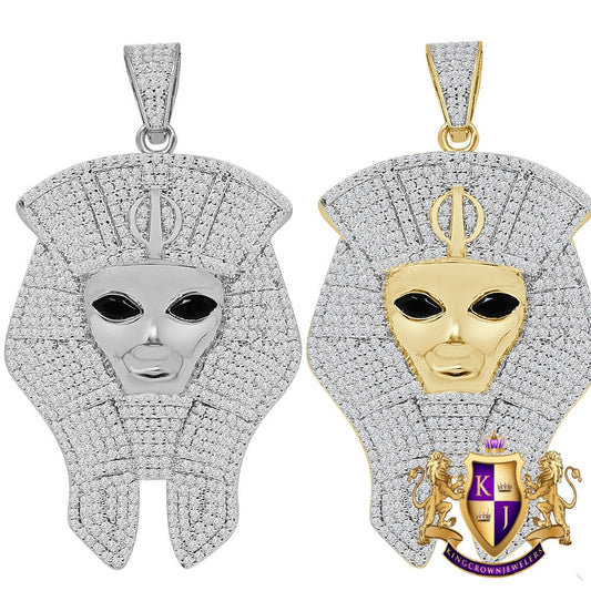14K Gold Finish Simulated Diamond Egyptian King Pharaoh Custom Charm Pendent 2.50''