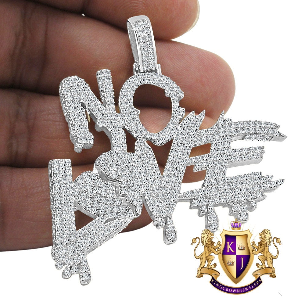 Custom Piece Shattered Broken Heart No Love Charm Real White Gold On Sterling Silver Simulated Diamond Pendent