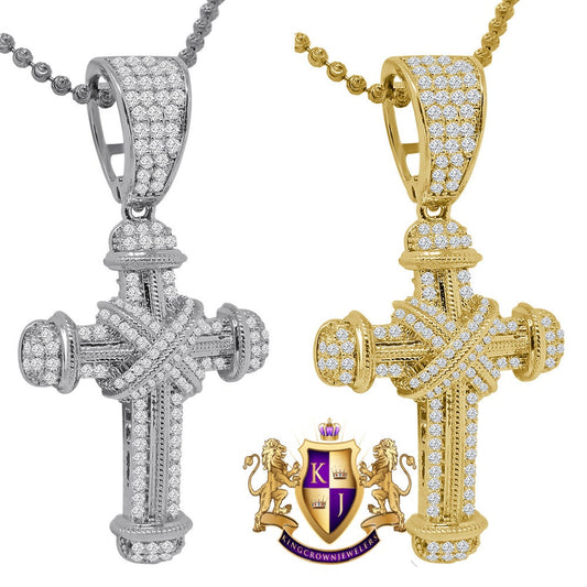 Real Genuine Sterling Silver 14K Gold Finish Simulated Diamond Holy Jesus Cross Charm Pendent Chain Set 2''