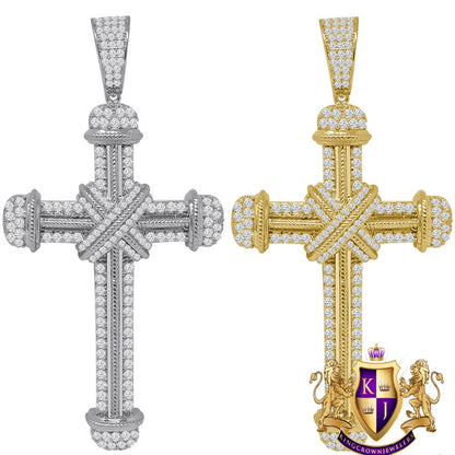 Big 2.75'' Real Genuine Sterling Silver 14K Gold Finish Simulated Diamond Holy Jesus Cross Custom Pendent Charm