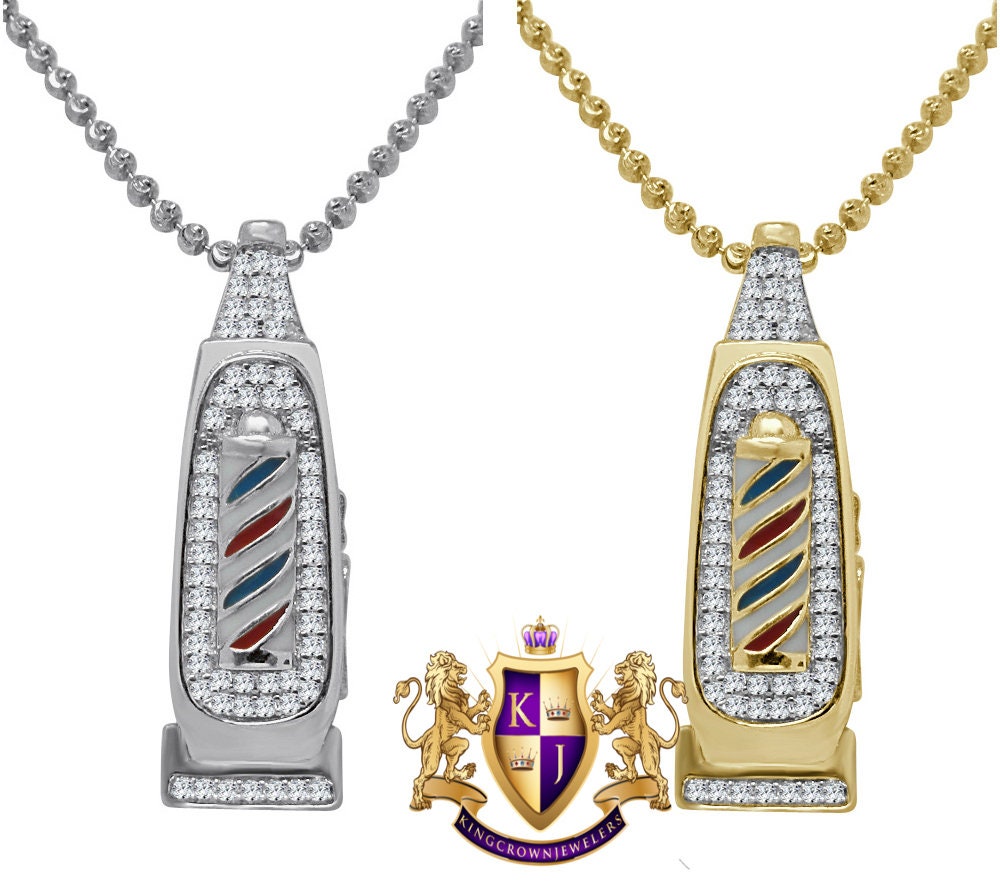 10K Gold Over Real Genuine Sterling Silver Barber Pole Clipper Simulated Diamond Mini Pendant Charm Chain Set Small 1.25"