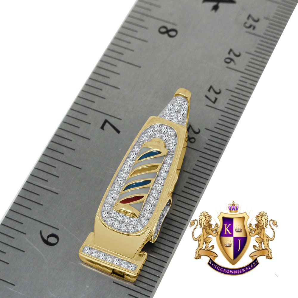 10K Gold Over Real Genuine Sterling Silver Barber Pole Clipper Simulated Diamond Mini Pendant Charm Chain Set Small 1.25"