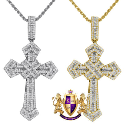 Genuine Sterling Silver Baguette Yellow Gold Finish Simulated Diamond Holy Jesus Cross Charm Pendent Chain Set 2.5''