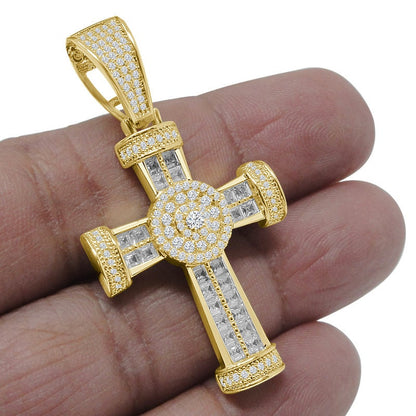 Big XL 2.55'' Baguette Real Genuine Sterling Silver Baguette Simulated Diamond Jesus Cross Pendent Charm