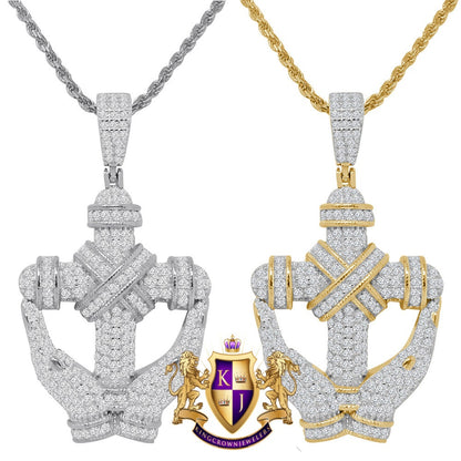 Real Sterling Silver 14K Gold Finish Simulated Diamond Hands Holding Cross Charm Pendent Chain Set