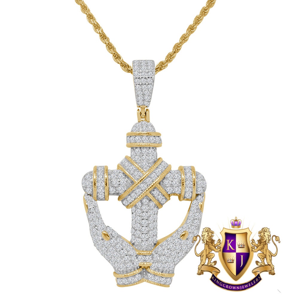 Real Sterling Silver 14K Gold Finish Simulated Diamond Hands Holding Cross Charm Pendent Chain Set