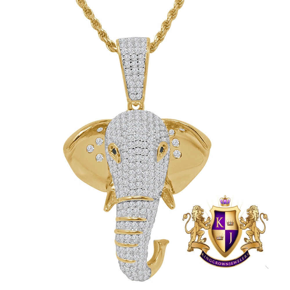 Real Genuine Sterling Silver Gold Finish Simulated Diamond Good Luck Elephant Head Charm Pendent + Chain