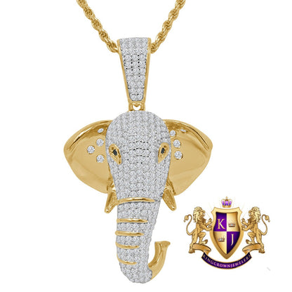 Real Genuine Sterling Silver Gold Finish Simulated Diamond Good Luck Elephant Head Charm Pendent + Chain