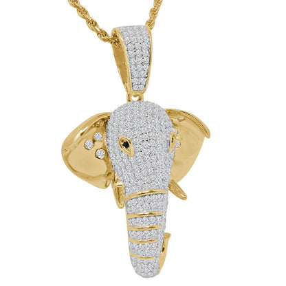 Real Genuine Sterling Silver Gold Finish Simulated Diamond Good Luck Elephant Head Charm Pendent + Chain