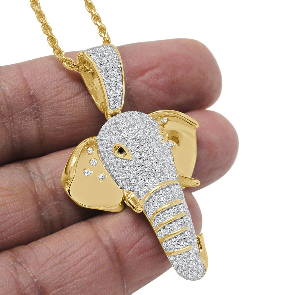 Real Genuine Sterling Silver Gold Finish Simulated Diamond Good Luck Elephant Head Charm Pendent + Chain
