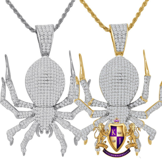 24+ Grams Real Italian Sterling Silver 14K Gold Finish 2.00 Ct. Simulated Diamond Spider Crab Zodiac Cancer Charm Pendent Chain Neckless Set
