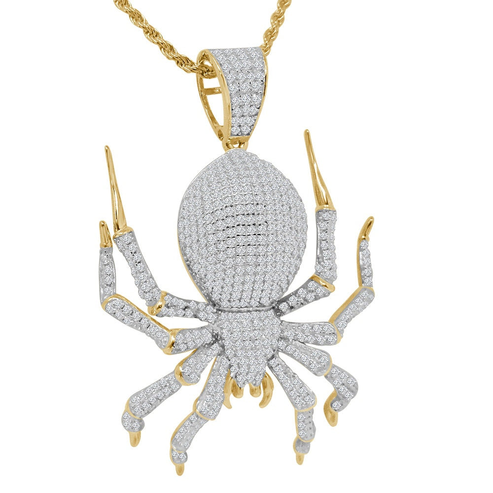 24+ Grams Real Italian Sterling Silver 14K Gold Finish 2.00 Ct. Simulated Diamond Spider Crab Zodiac Cancer Charm Pendent Chain Neckless Set