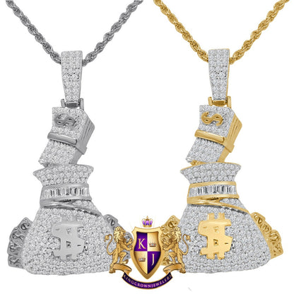 Men's 14K Gold Over Simulated Diamond Money Bag 100 Dollar Stacks Pendant Charm Rope Chain Set