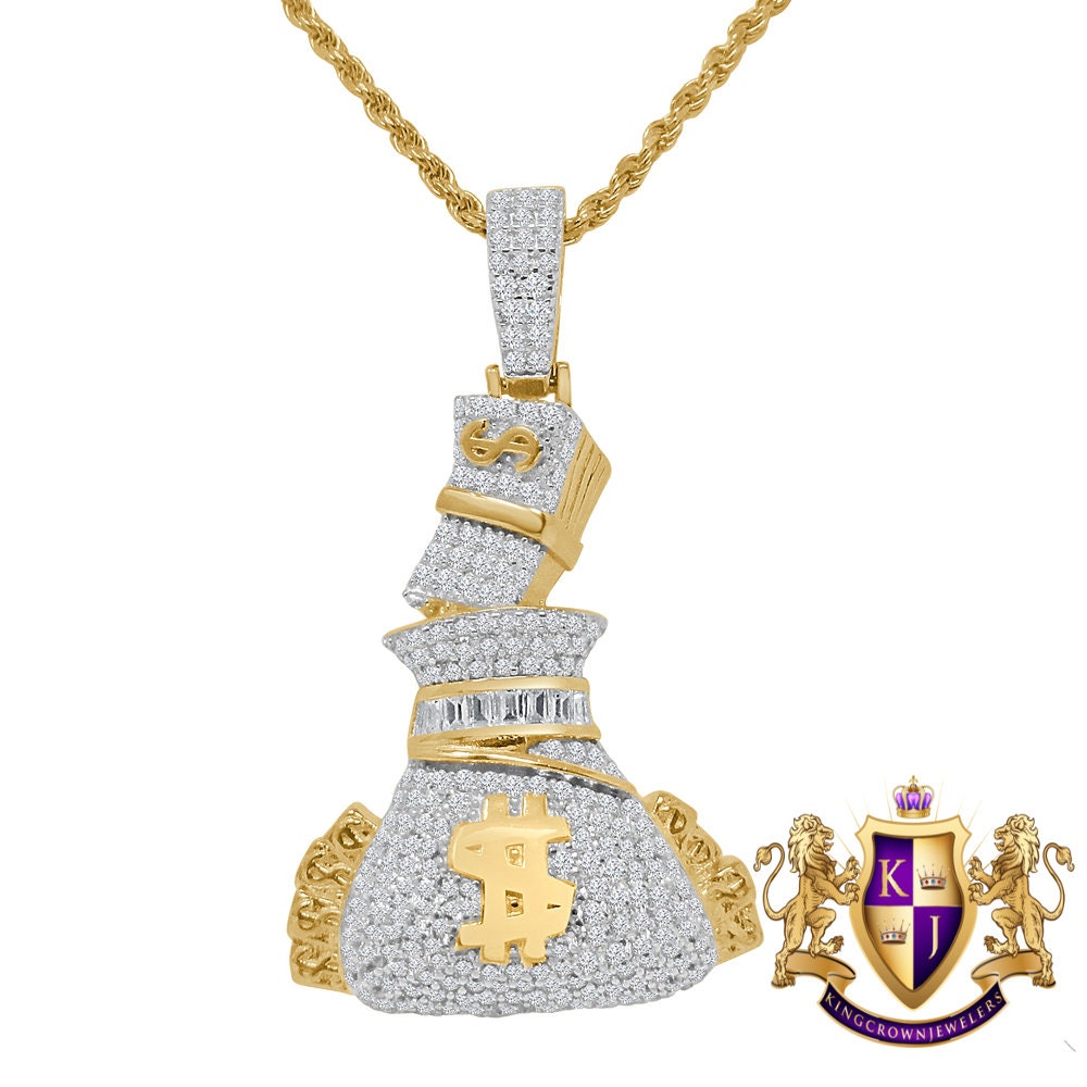 Men's 14K Gold Over Simulated Diamond Money Bag 100 Dollar Stacks Pendant Charm Rope Chain Set