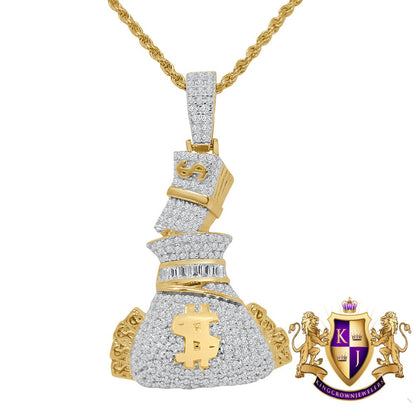 Men's 14K Gold Over Simulated Diamond Money Bag 100 Dollar Stacks Pendant Charm Rope Chain Set