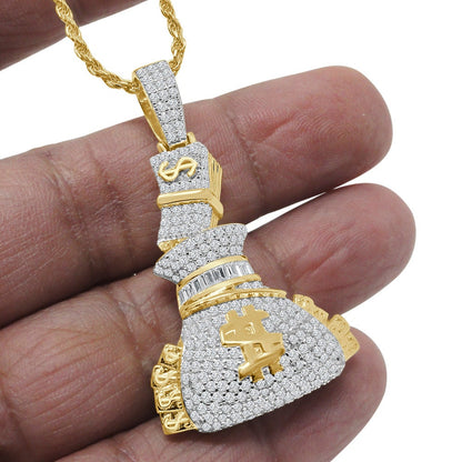 Men's 14K Gold Over Simulated Diamond Money Bag 100 Dollar Stacks Pendant Charm Rope Chain Set