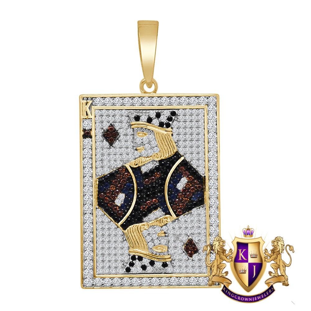 Real Sterling Silver Men's 10K Yellow Gold Over Simulated Diamond King Card Poker Piece Pendant Charm + Free Chain