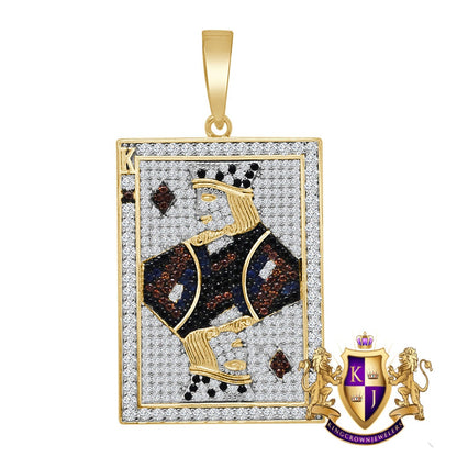 Real Sterling Silver Men's 10K Yellow Gold Over Simulated Diamond King Card Poker Piece Pendant Charm + Free Chain