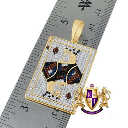 Real Sterling Silver Men's 10K Yellow Gold Over Simulated Diamond King Card Poker Piece Pendant Charm + Free Chain
