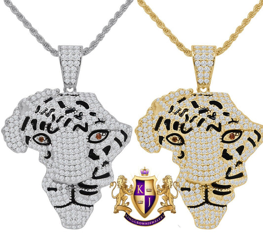 14K Gold Finish Lion Face Africa Map Created Emerald Eyes Animal Pendant Charm Chain Set