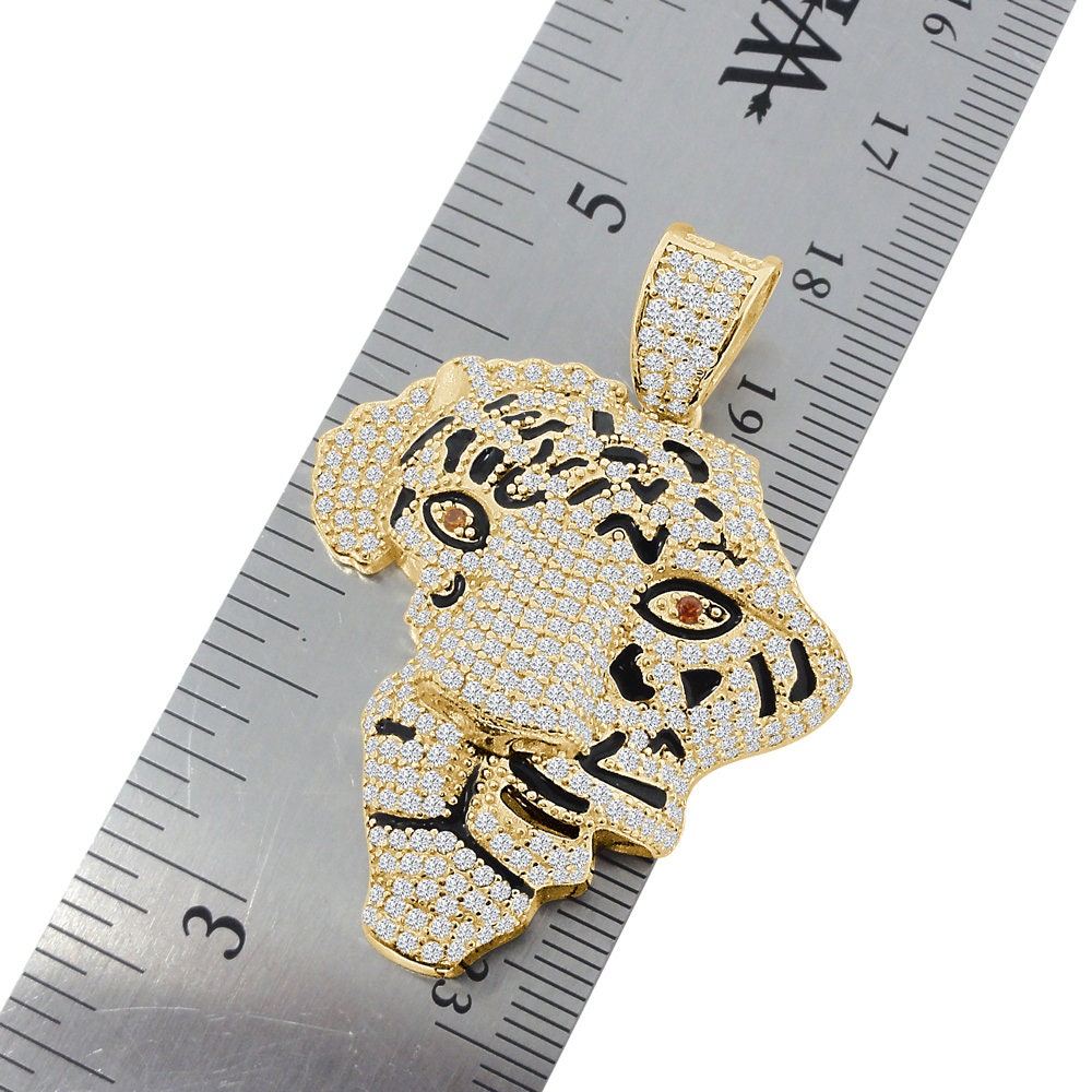 22+ Grams Real Genuine Sterling Silver 3.65 Cwt. Simulated Diamond Lion Face Africa Map Emerald Eyes Animal Pendant Charm Chain Neckless Set