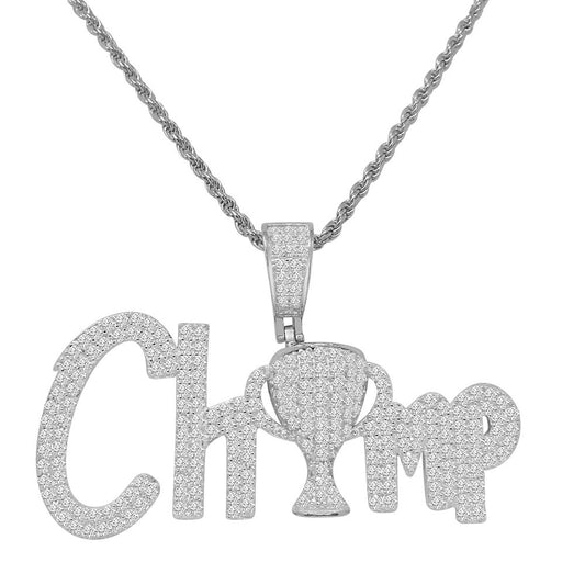 14K White Gold Over Sterling Silver Simulated Diamond  Champion Trophy Winner Cup Pendent Charm Chain Set