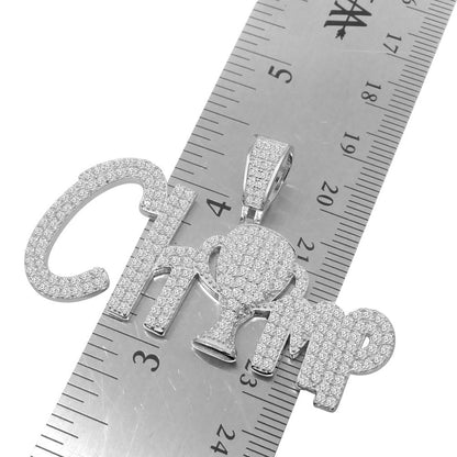 14K White Gold Over Sterling Silver Simulated Diamond  Champion Trophy Winner Cup Pendent Charm Chain Set