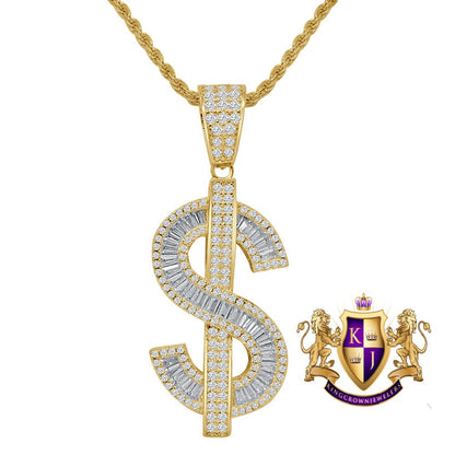 Baguette Real Silver Cash Money Dollar Sign Bling Rapper Custom Pendent Charm Chain Set