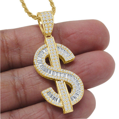 Baguette Real Silver Cash Money Dollar Sign Bling Rapper Custom Pendent Charm Chain Set