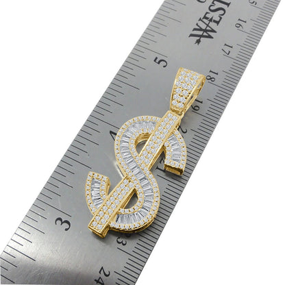 Baguette Real Silver Cash Money Dollar Sign Bling Rapper Custom Pendent Charm Chain Set