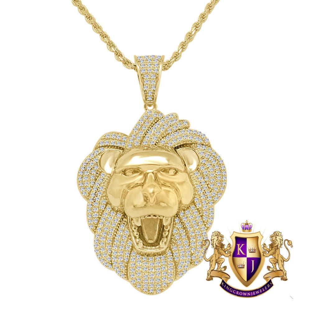 28+ Grams Real Genuine Italian Sterling Silver 14K Gold Finish Lion Head King Face 3.00 Cwt. Simulated Diamond Charm Pendent Rope Chain Set