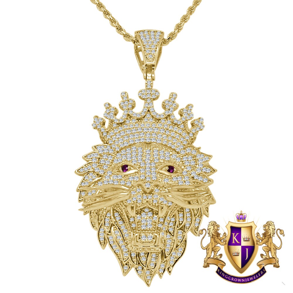 Men's 14K Gold Finish Lion King Face Simulated Diamond Charm Pendent Rope Chain Set 2.5''
