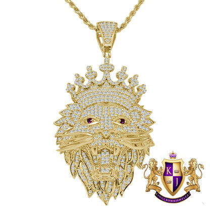 Men's 14K Gold Finish Lion King Face Simulated Diamond Charm Pendent Rope Chain Set 2.5''