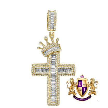 Baguette 14K Gold Finish Simulated Diamond Holy Jesus Cross Crown Pendent Charm